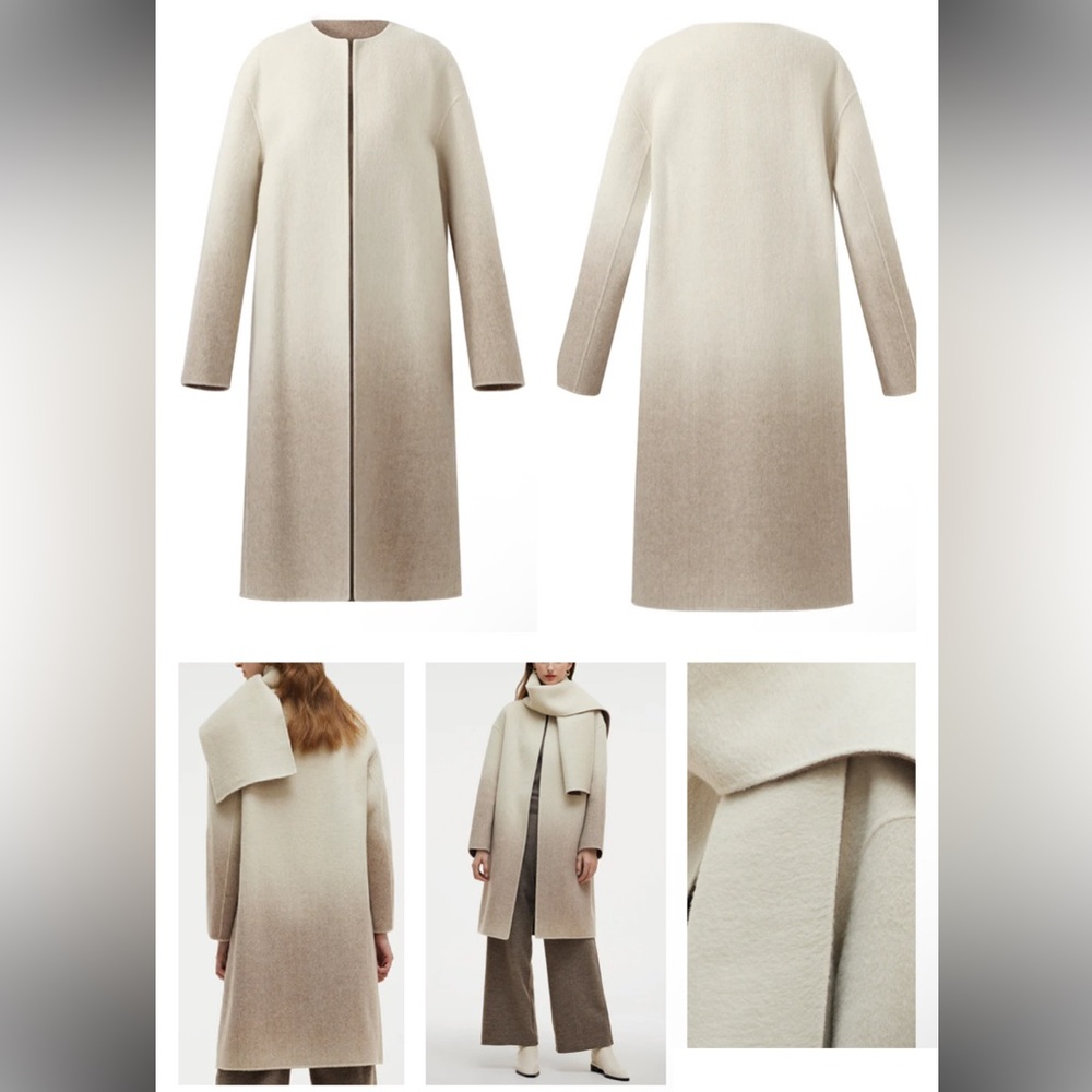 Goelia Wool Blend Gradient Reversible Coat With Scarf Ivory & Brown XXS EUC